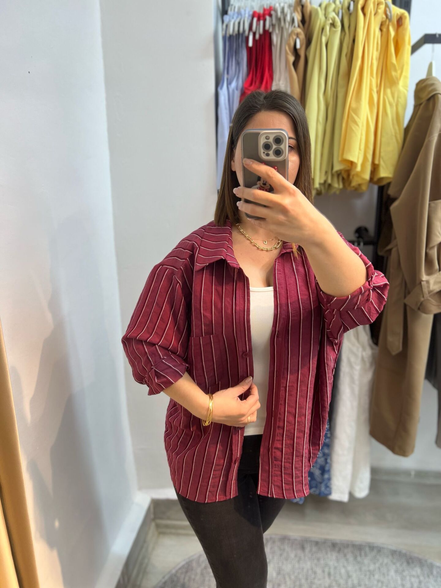 Premium Seri Tensel Çizgili Salaş Gömlek Bordo