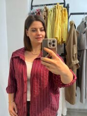 Premium Seri Tensel Çizgili Salaş Gömlek Bordo