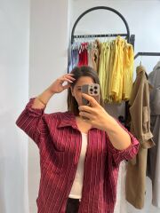 Premium Seri Tensel Çizgili Salaş Gömlek Bordo