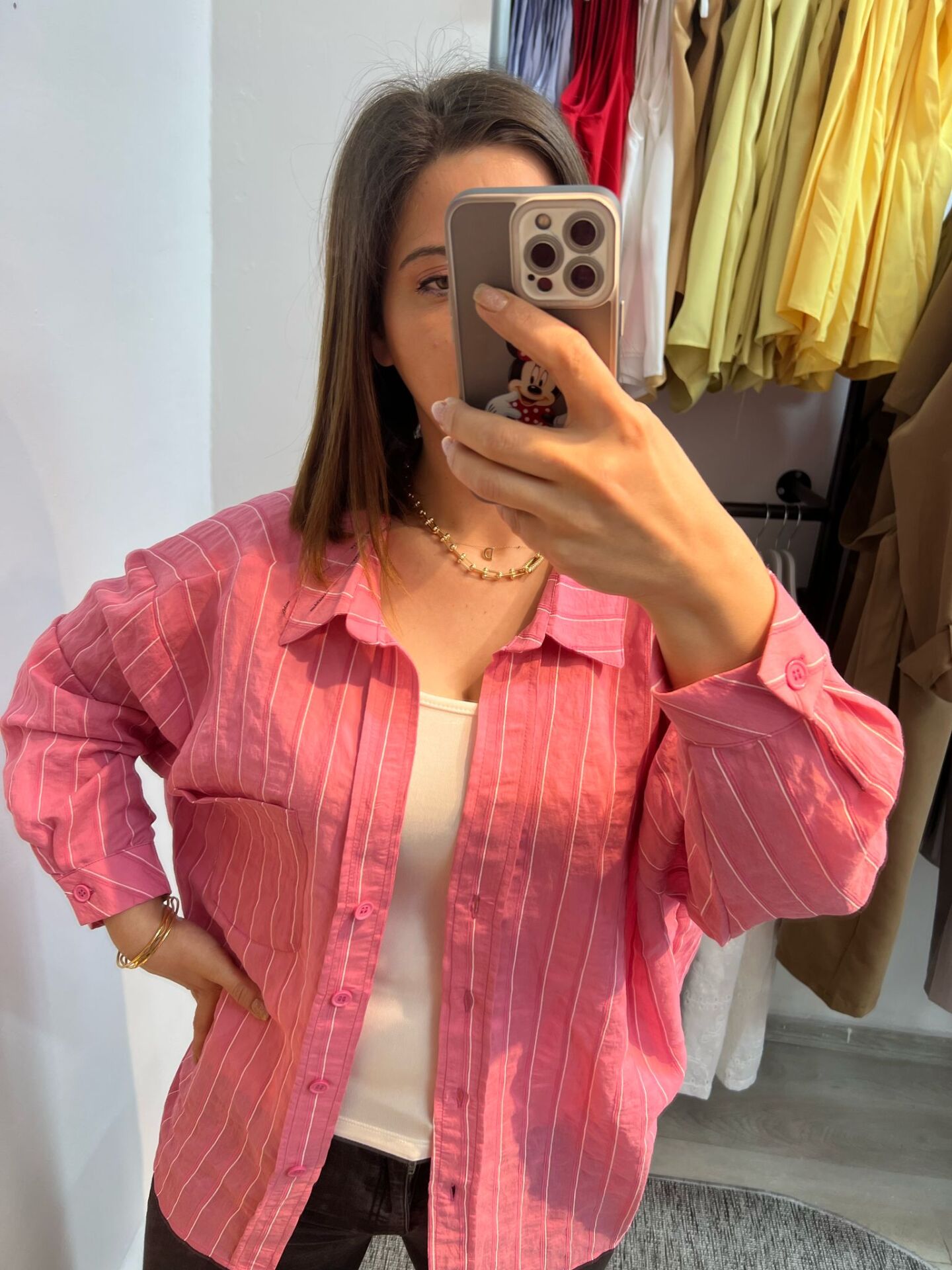 Premium Seri Tensel Çizgili Salaş Gömlek Pembe