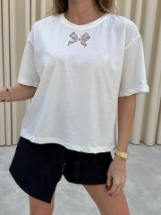 Bisiklet Yaka Nakış Detay T-Shirt