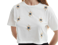 Göz Nakışlı Baskılı Crop T-Shirt