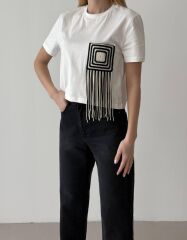 Tığ İşleme Püskül Detay Crop T-Shirt