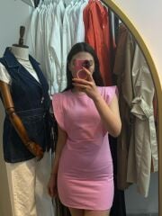 Kollar Volanlı Pamuklu Elbise Pembe