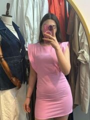 Kollar Volanlı Pamuklu Elbise Pembe