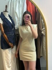 Kollar Volanlı Pamuklu Elbise Ecru