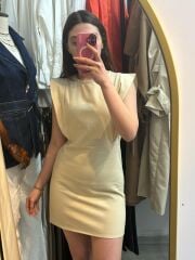 Kollar Volanlı Pamuklu Elbise Ecru