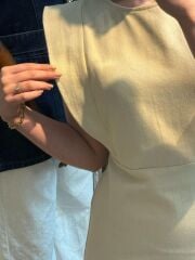 Kollar Volanlı Pamuklu Elbise Ecru