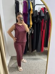 Premium Kalite Pike Modal Pantolon Bluz Takım Vişne