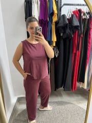 Premium Kalite Pike Modal Pantolon Bluz Takım Vişne