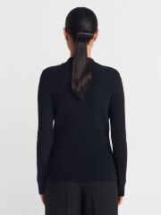 Dik Yaka Çıtçıtlı Triko Kazak Siyah