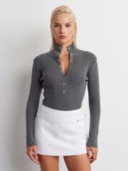 Dik Yaka Çıtçıtlı Triko Kazak Gri