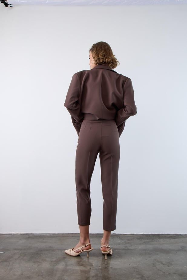 CİGARETTE PAÇA PENSLİ YÜKSEK BEL PANTOLON KAHVE