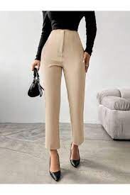 CİGARETTE PAÇA PENSLİ YÜKSEK BEL PANTOLON KREM