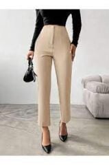 CİGARETTE PAÇA PENSLİ YÜKSEK BEL PANTOLON KREM