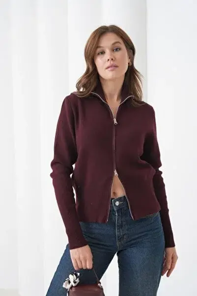 Lüx Kalite Çift Fermuarlı Hırka Bordo