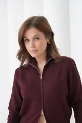 Lüx Kalite Çift Fermuarlı Hırka Bordo